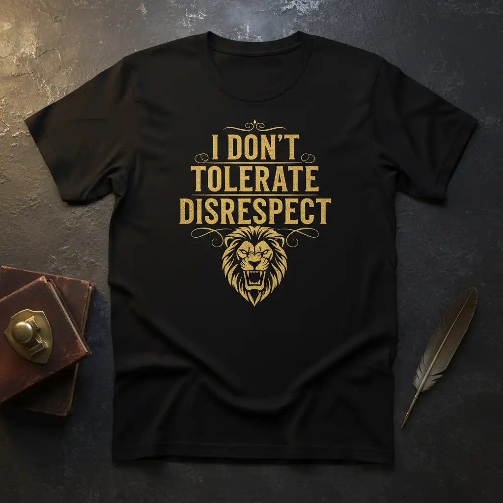 I DON'T TOLERATE DISRESPECT quote on a black t-shirt with a golden roaring lion emblem