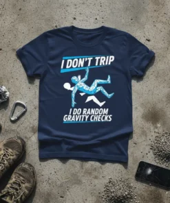 Navy t-shirt with white and blue text "I DON'T TRIP I DO RANDOM GRAVITY CHECKS" and a geometric climber graphic