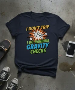 I DON'T TRIP I DO RANDOM GRAVITY CHECKS text on a navy t-shirt with a graphic of a person falling