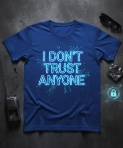 Blue t-shirt with neon blue text that reads "I DON'T TRUST ANYONE" surrounded by digital circuit patterns