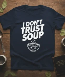 I Don't Trust Soup text with a grumpy soup bowl graphic on a navy t-shirt