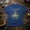 Blue t-shirt with "I DON'T TRUST SOUP" text and a graphic of hands rising from a bowl of soup