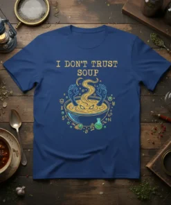 Blue t-shirt with "I DON'T TRUST SOUP" text and a graphic of hands rising from a bowl of soup