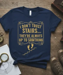 I DON'T TRUST STAIRS... THEY'RE ALWAYS UP TO SOMTHING quote on a navy blue t-shirt with golden yellow distressed font