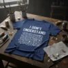 I DON'T UNDERSTAND quote with abstract geometric symbols on a navy blue t-shirt
