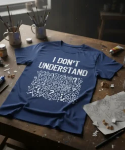 I DON'T UNDERSTAND quote with abstract geometric symbols on a navy blue t-shirt