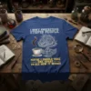 I Don't Understand Stupid People quote on a blue t-shirt with a mechanical duck and coffee cup graphic