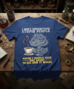 I Don't Understand Stupid People quote on a blue t-shirt with a mechanical duck and coffee cup graphic
