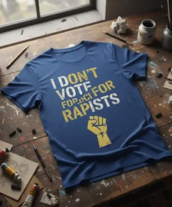 Blue t-shirt with bold yellow and white text "I DON'T VOTE FOR RAPISTS" and a raised fist graphic