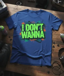 I Don't Wanna quote t-shirt in vibrant green graffiti style, with colorful abstract background elements