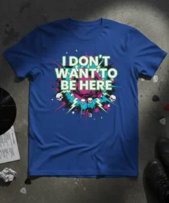 I DON'T WANT TO BE HERE text with skulls and lightning bolts on a royal blue t-shirt, punk rock graphic