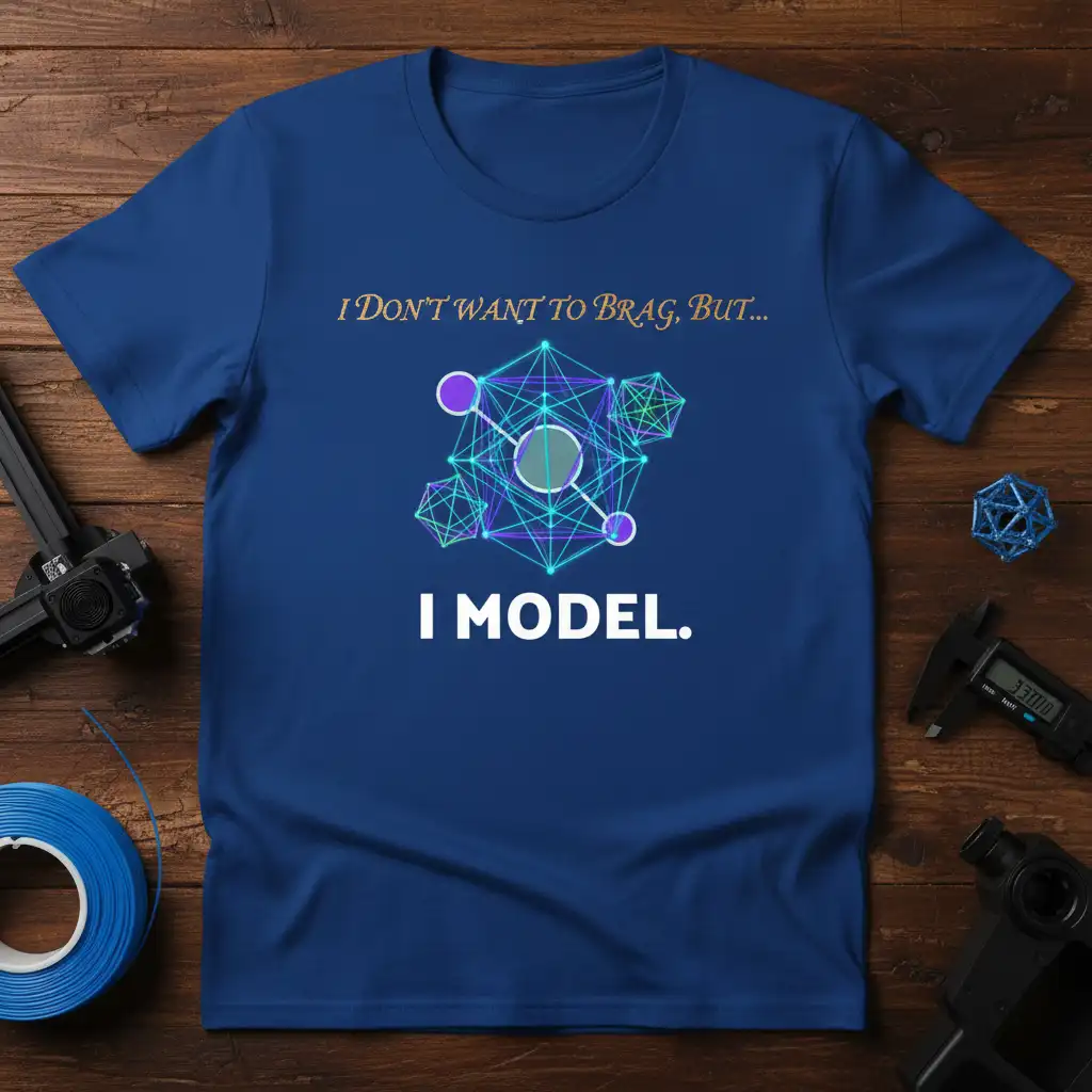 I DON'T WANT TO BRAG, BUT... I MODEL. quote on a t-shirt with geometric data modeling graphic