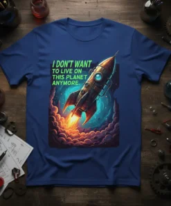 I DON'T WANT TO LIVE ON THIS PLANET ANYMORE quote with a retro rocket blasting off through colorful clouds, navy