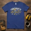 I Don't Want To Talk About It quote on a blue t-shirt with abstract geometric shapes in white and gold
