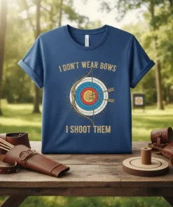 I DON'T WEAR BOWS I SHOOT THEM text with archery target and bow design on a blue t-shirt