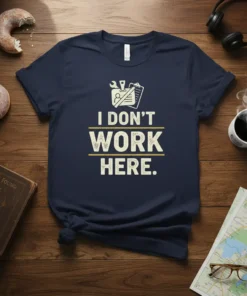 Navy t-shirt with distressed text "I DON'T WORK HERE." and a graphic of a clipboard with tools
