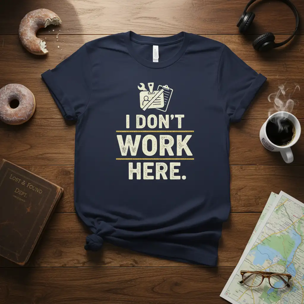 I DON'T WORK HERE. eye-catching design printed on quality cotton blend creating a standout t-shirt