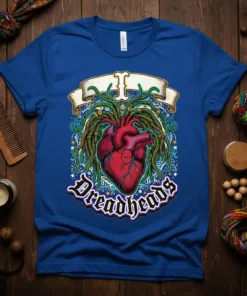 I Dreadheads heart t-shirt design featuring an anatomical heart with green dreadlocks and gothic text