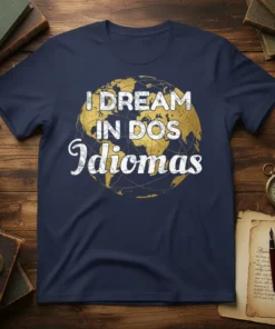 I DREAM IN DOS Idiomas text on a navy blue t-shirt with a gold distressed globe graphic