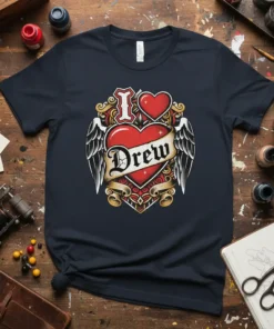 T-shirt design featuring "I Drew" text within a winged heart, in a traditional tattoo style