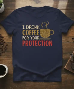 I DRINK COFFEE FOR YOUR PROTECTION text design with a coffee cup graphic, navy t-shirt