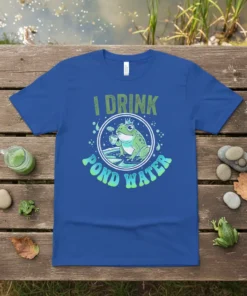 T-shirt with green text "I Drink Pond Water" and a cartoon frog holding a drink, sitting on a lily pad