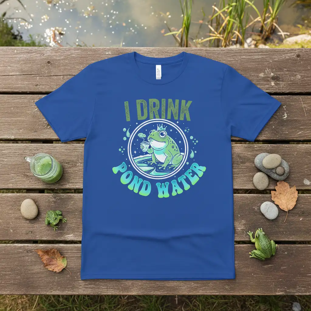 I Drink Pond Water funny frog graphic tee with cartoon amphibian drinking from a cup