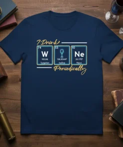 I Drink Wine Periodically T-Shirt with periodic table elements W, Iodine, and Ne, and a wine glass graphic