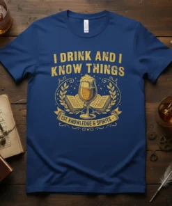 I Drink and I Know Things quote with beer glass and books graphic on a blue t-shirt