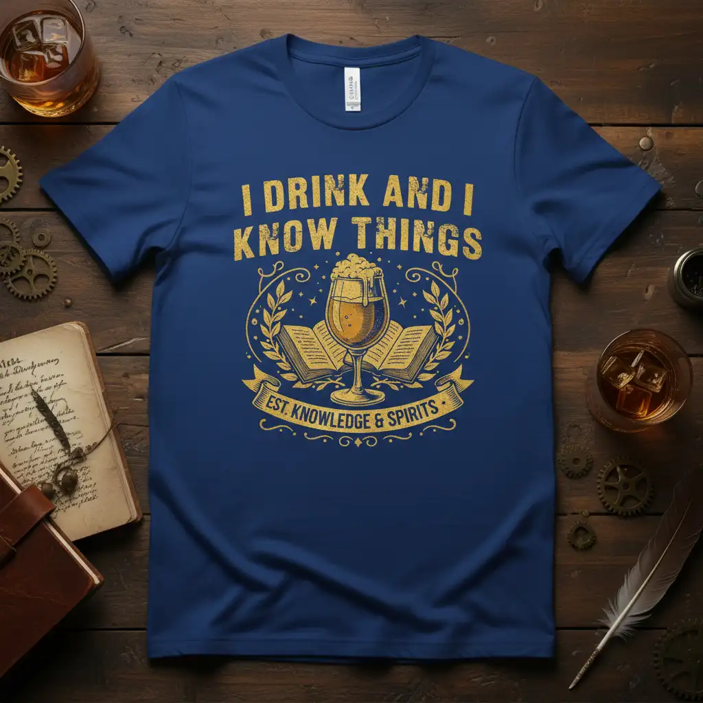 I Drink and I Know Things quote in gold distressed font with beer and book graphic