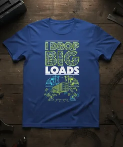 Blue t-shirt with "I DROP BIG LOADS" text and graphics of trucks and loading equipment