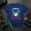 Blue t-shirt with "I DRUM BECAUSE HITTING PEOPLE WITH STICKS IS FROWNED UPON" text and a drum set graphic