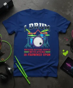 Blue t-shirt with "I DRUM BECAUSE HITTING PEOPLE WITH STICKS IS FROWNED UPON" text and a drum set graphic