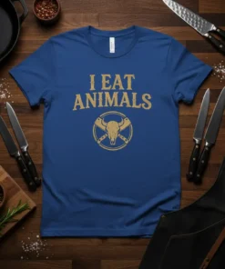 Blue t-shirt with distressed gold text "I EAT ANIMALS" and a circular graphic of a bull skull with crossed cleavers