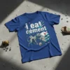 I Eat Cement t-shirt featuring a geometric cat wearing a hard hat and holding tools, with cement blocks and trowels