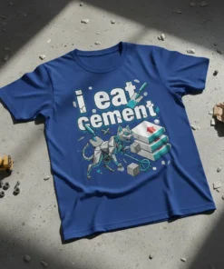 I Eat Cement t-shirt featuring a geometric cat wearing a hard hat and holding tools, with cement blocks and trowels