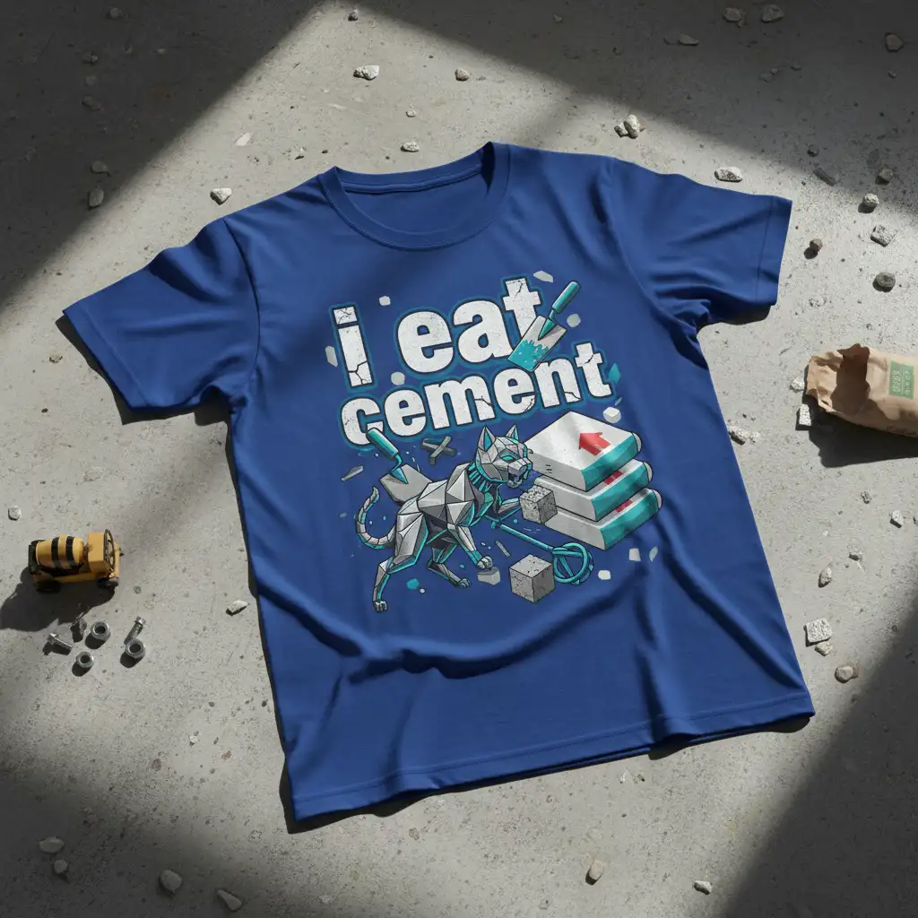 I Eat Cement slogan with geometric cat construction worker graphic, tools, and cement blocks