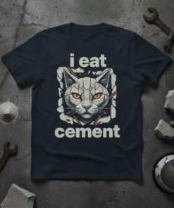 I Eat Cement funny cat t-shirt with geometric cat graphic and bold text