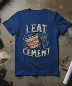 I Eat Cement cat design with a bucket of cement and lightning on a blue t-shirt
