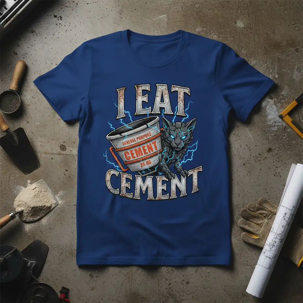 I Eat Cement cat with cement bucket and lightning graphic on blue t-shirt