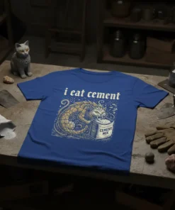 I Eat Cement t-shirt design featuring a dragon eating cement mix, with gothic font text above