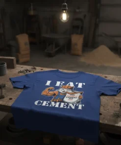 T-shirt with "I Eat Cement" text and a muscular cat character holding a bag of cement mix
