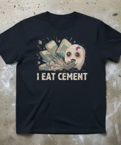 I Eat Cement quote with a cartoon ghost eating a brick and cement bags on a dark t-shirt