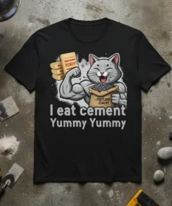 Funny cat eating cement quote "I eat cement Yummy Yummy" on a black t-shirt, muscular cat holding cement bags