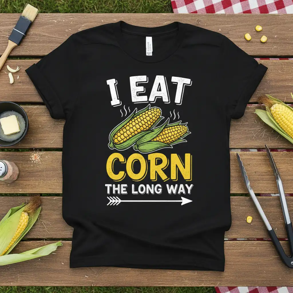 I Eat Corn The Long Way humorous quote t-shirt design with corn graphic and bold typography