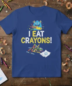 Blue t-shirt with "I EAT CRAYONS!" text and a blue monster holding crayons