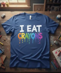 I Eat Crayons text design with dripping rainbow colors on a navy t-shirt, surrounded by art supplies