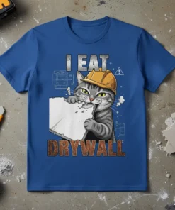 I Eat Drywall t-shirt with a cartoon cat wearing a hard hat and eating drywall, blueprints in background