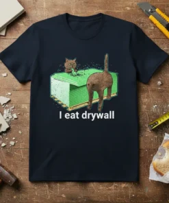 I Eat Drywall t-shirt with a funny cat graphic of a cat emerging from a stack of drywall