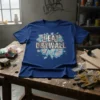 Blue t-shirt with the text "I EAT DRYWALL" in distressed silver and red font, surrounded by cracked drywall graphics
